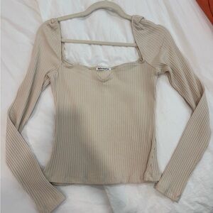 Reformation Beige Ribbed Square-Neck Long Sleeve Top